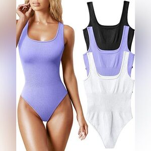 OQQ | Ribbed Bodysuit Set of 3 Black White Purple Square Neck Stretch Small